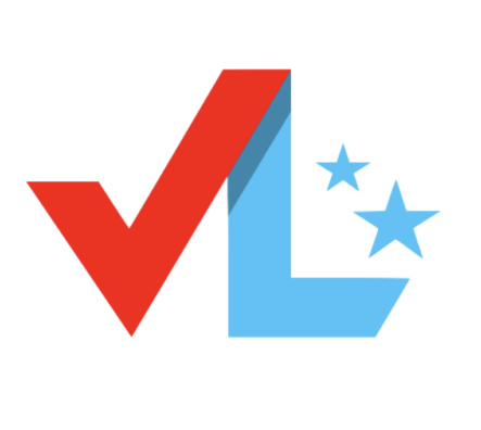 A red V that extends into a checkmark to the left of a blue L.