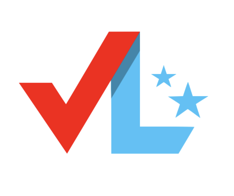 A red V that extends into a checkmark to the left of a blue L.