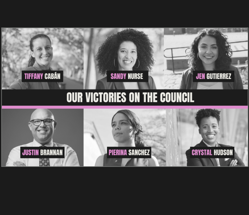 A collage of the headshots of six winning NYC Council candidates - Tiffany Caban, Sandy Nurse, Jen Gutierrez, Justin Brannan, Pierina Sanchez, Crystal Hudson